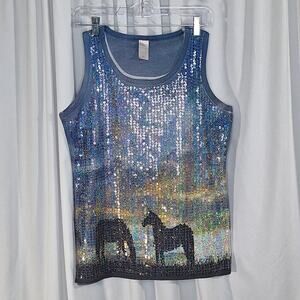 Horse Womens Medium Tank Top Sequin Western Sunset Graphic Stretch Cowgirl Ranch